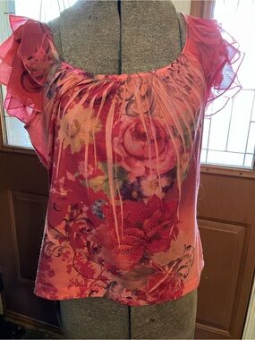 B.L.E.U. Pink Floral Ruffle Sleeve Blouse